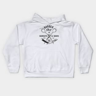 Barbershop print with scissors. Monochrome retro design. Kids Hoodie